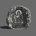 Intricate Stone Landscape Sculpture Depicting Seated Buddha on Lotus Pedestal with Rock Texture