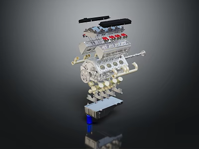 Automotive Engine Components Featuring Cylinder Head Pistons Valves And Intake Manifold 3d model