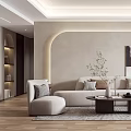 Modern Living Room Interior With Beige Walls Arched Design Sofa And Wooden Flooring
