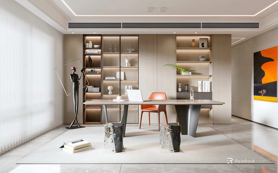 Modern Study Room Interior With Built in Shelves Wooden Desk Orange Chair Green Plant Decor 3d model 