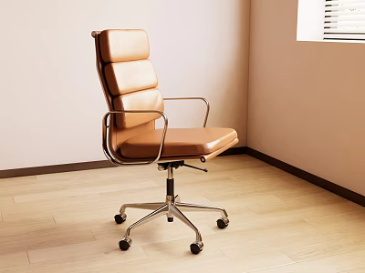 Modern Brown Leather Office Chair With Metal Frame And Swivel Wheels 3d model
