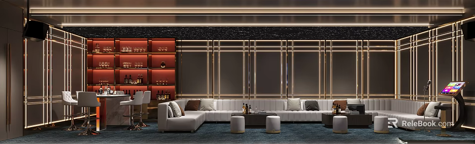 Luxury KTV Room With White Sofas Stools And Wine Cabinet 3d model 
