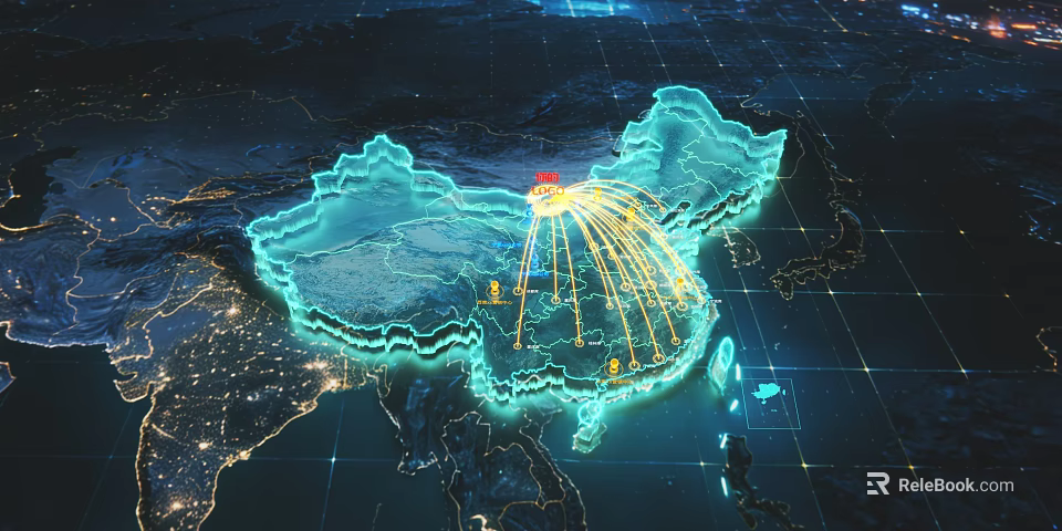 Technology Exhibition Hall With China Map Glowing Lines Red Dots Earth Night And Grid Lines 3d model 