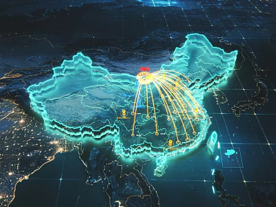 Technology Exhibition Hall With China Map Glowing Lines Red Dots Earth Night And Grid Lines 3d model