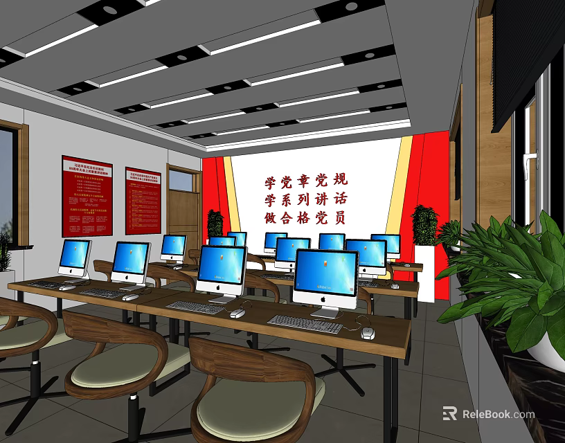 Bright Public Office Area With Rows Of Computers On Desks And Green Plants 3d model 