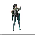 Anime Female Character In Green Black Outfit With Twin Ponytails Making Peace Sign