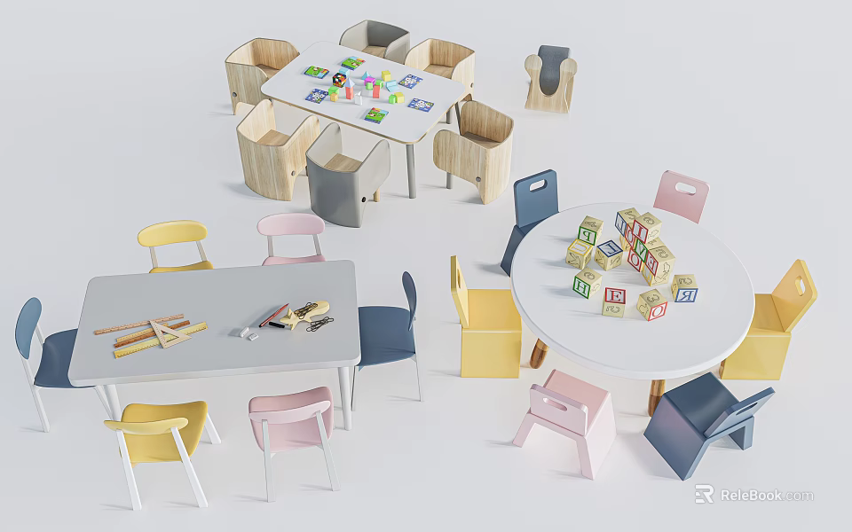 Children's Table Round And Rectangular With Colorful Chairs And Toy Blocks On Top 3d model 
