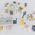 Children's Table Round And Rectangular With Colorful Chairs And Toy Blocks On Top