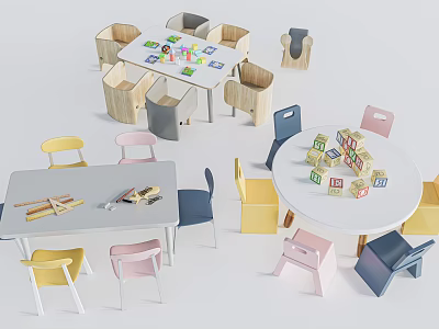Children's Table Round And Rectangular With Colorful Chairs And Toy Blocks On Top 3d model