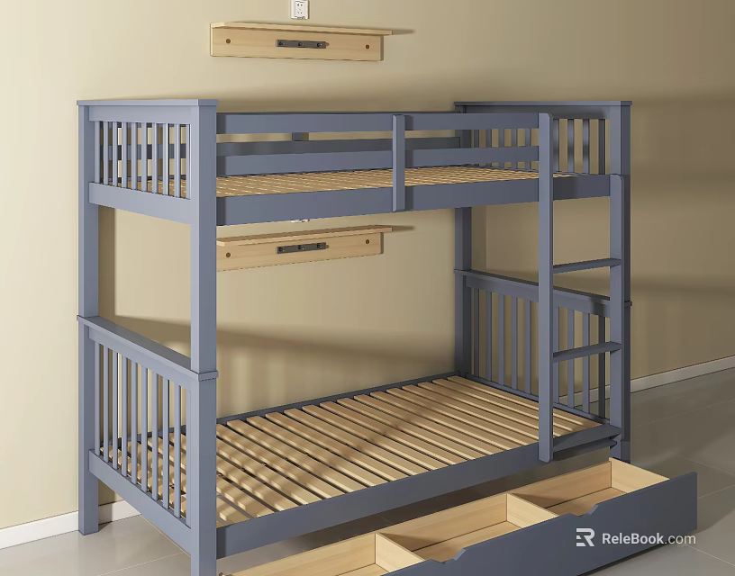 Modern Blue Wooden Bunk Bed With Guardrails And Underbed Storage Drawers 3d model 