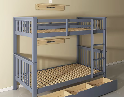 Modern Blue Wooden Bunk Bed With Guardrails And Underbed Storage Drawers 3d model