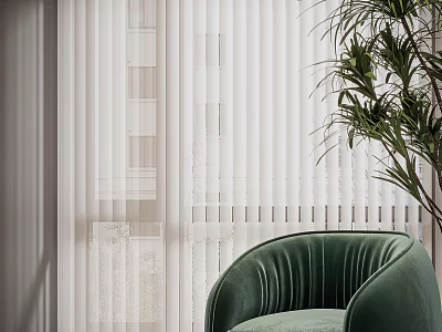 Green Velvet Armchair In Cozy Interior With White Blinds And Leafy Plant 3d model