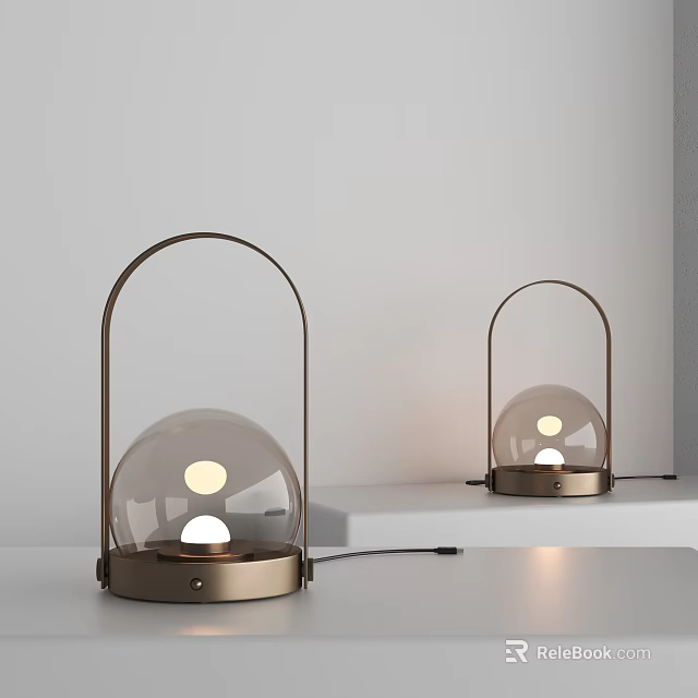 Two Modern Table Lamps With Metal Frame And Glass Globe Shade Illuminated On Shelf 3d model 