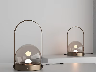 Two Modern Table Lamps With Metal Frame And Glass Globe Shade Illuminated On Shelf 3d model