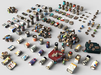 Collection Of Various Discarded Cans Boxes And Bottles In Scattered Arrangement 3d model