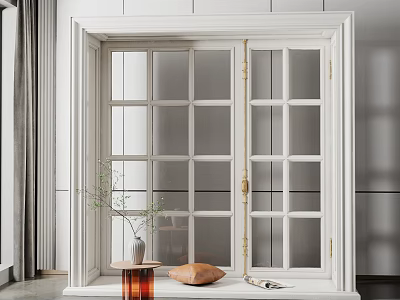 Modern Interior Bay Window With White Frame Glass Panels And Decorative Pillow 3d model