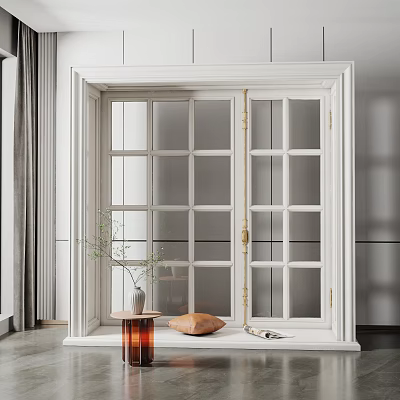 Modern Interior Bay Window With White Frame Glass Panels And Decorative Pillow 3d model