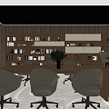 Modern Office Desk With Brown Bookshelves Multiple Office Chairs Books Wooden Walls And Patterned Carpet
