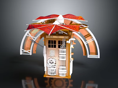 TARDIS Themed Decorative Structure With Red Umbrella Roof White Frame Wooden Door And Arch Design 3d model