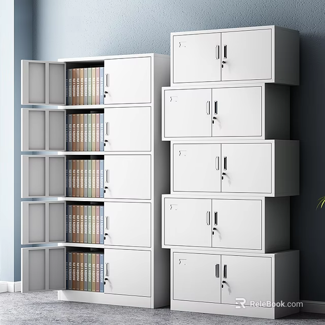 White File Cabinets with Multiple Drawers and Doors Some Open Doors Showing Books Inside 3d model 