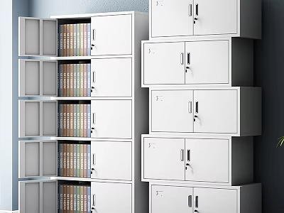 White File Cabinets with Multiple Drawers and Doors Some Open Doors Showing Books Inside 3d model