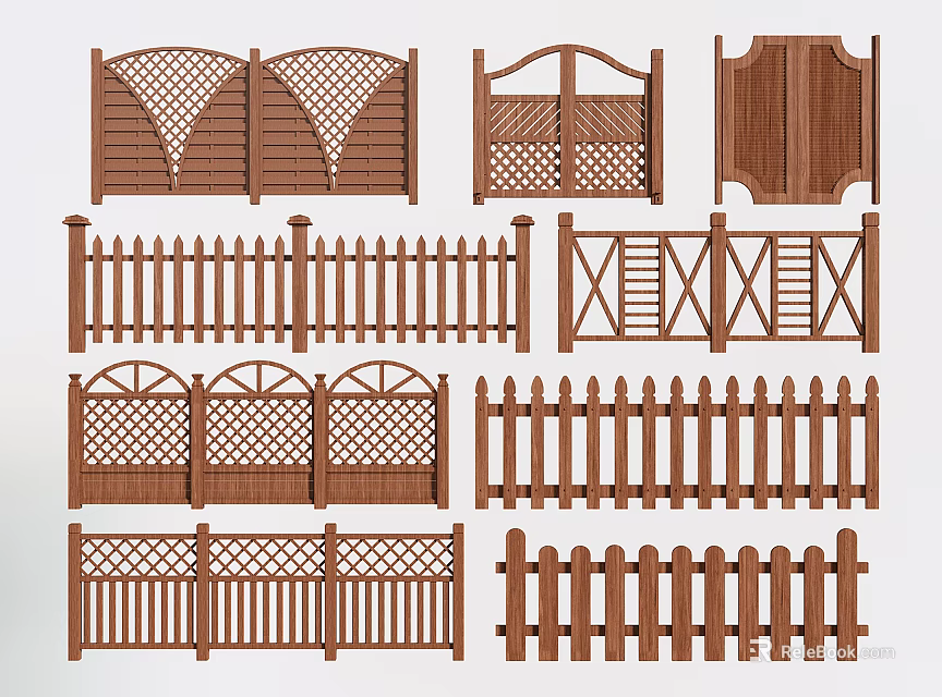 Various Decorative Wooden Fence Designs with Different Patterns and Styles 3d model 