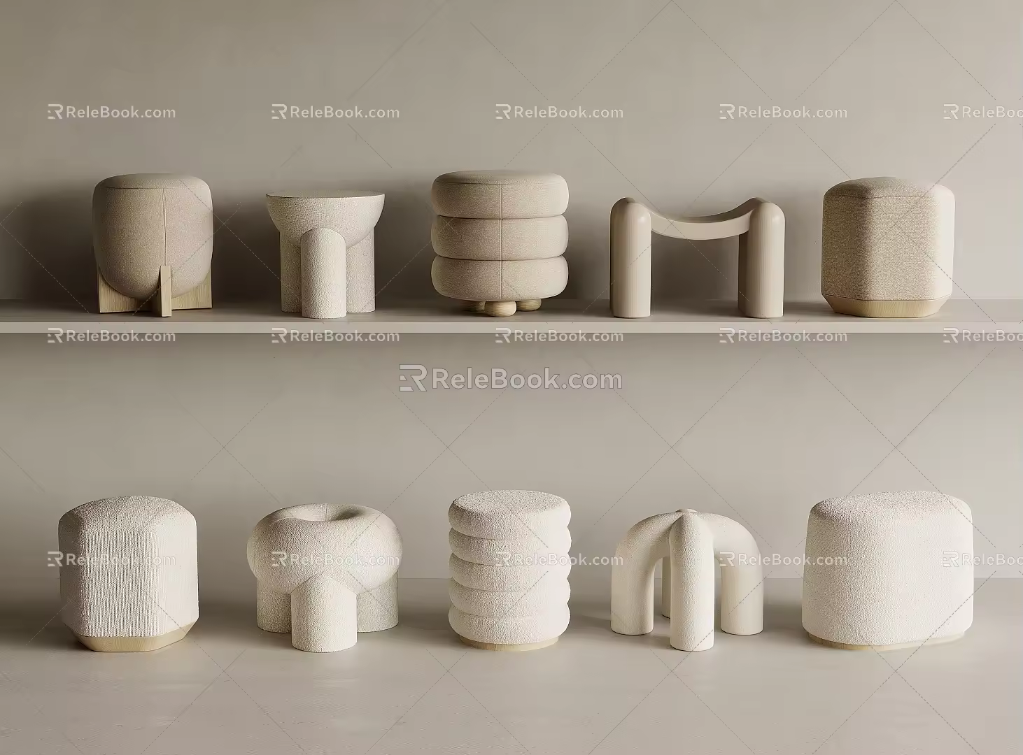 Cream Style Sofa Stool Round Stool Low Stool 3d model