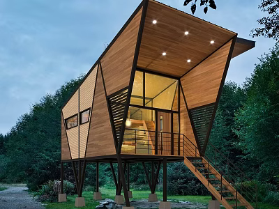Modern Detached House Featuring Wooden Exterior Geometric Roof Large Windows And Tree Surrounded Setting 3d model