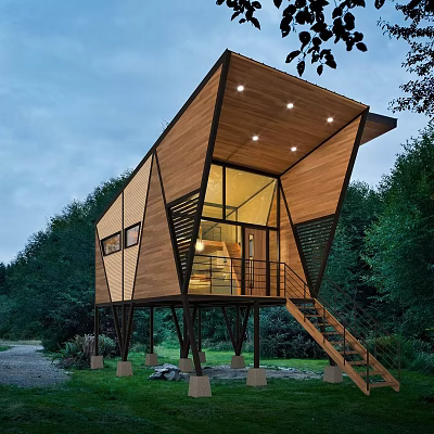 Modern Detached House Featuring Wooden Exterior Geometric Roof Large Windows And Tree Surrounded Setting 3d model
