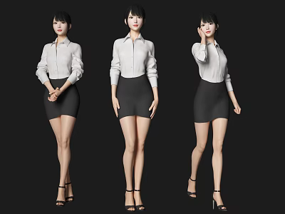 Stylish Woman in White Shirt and Black Skirt with High Heels in Different Poses 3d model