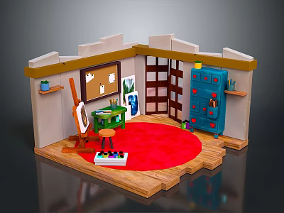 Art Studio Room Setup With Easel Green Table Red Rug And Blue Cabinet 3d model