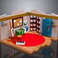 Art Studio Room Setup With Easel Green Table Red Rug And Blue Cabinet