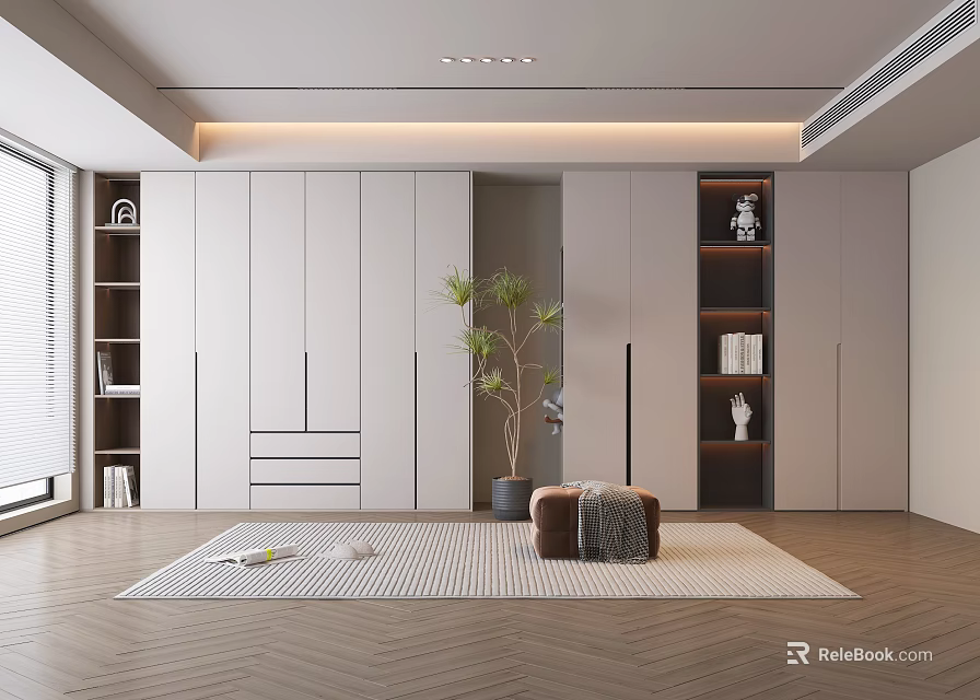 Modern Wardrobe Design With Open Shelves And Wooden Floor 3d model 