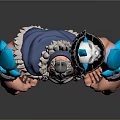 3D Helmeted Fantasy Warrior Model With Muscular Build Blue Flame Arms And Skull Decor