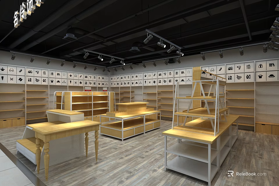 Spacious Well Lit Retail Store Interior With Wooden Display Tables And Metal Shelves 3d model 