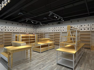 Spacious Well Lit Retail Store Interior With Wooden Display Tables And Metal Shelves 3d model