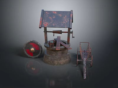 Traditional Architectural Structure With Rusty Roof Stone Mill And Wheelbarrow 3d model