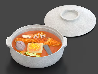 Delicious Homemade Clay Pot Red Soup with Chicken Mushrooms Vegetables and Tofu 3d model