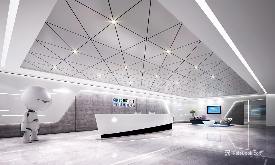 Modern Front Desk Reception Area With Intelligent Robot Geometric Ceiling And Marble Floor 3d model 