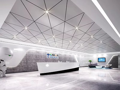 Modern Front Desk Reception Area With Intelligent Robot Geometric Ceiling And Marble Floor 3d model