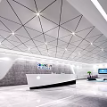 Modern Front Desk Reception Area With Intelligent Robot Geometric Ceiling And Marble Floor