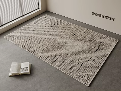 Beige Square Rug With Geometric Woven Texture On Grey Floor By Window And Open Book 3d model