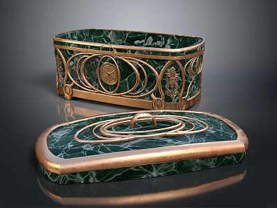 Display Cabinet Shelves Featuring Green Marble Surface Gold Metal Frame Intricate Patterns And Spiral Ornament 3d model