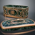 Display Cabinet Shelves Featuring Green Marble Surface Gold Metal Frame Intricate Patterns And Spiral Ornament