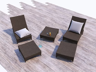 Rattan Lounge Chairs with White Cushions Ottomans and Side Table on Wooden Deck 3d model