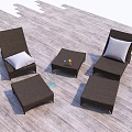 Rattan Lounge Chairs with White Cushions Ottomans and Side Table on Wooden Deck