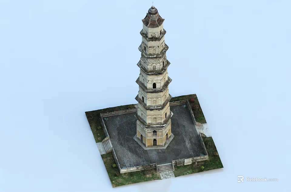 Traditional Multi story Pagoda Model With Square Base And Green Ground Steps 3d model 