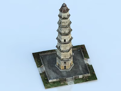 Traditional Multi story Pagoda Model With Square Base And Green Ground Steps 3d model