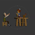 Old Man And Little Character Interacting With Small Creature On Wooden Workbench With Tools