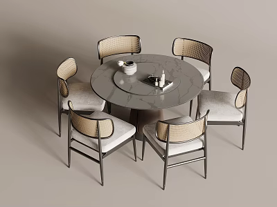 Modern Minimalist Round Dining Table With Six Woven Backrest Metal Frame Chairs And Marble Tabletop 3d model